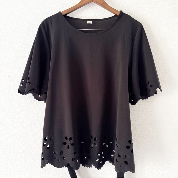 Black Laser Cut Tie Waist Peplum Blouse XXL Bohemian Feminine Romantic - Picture 2 of 13